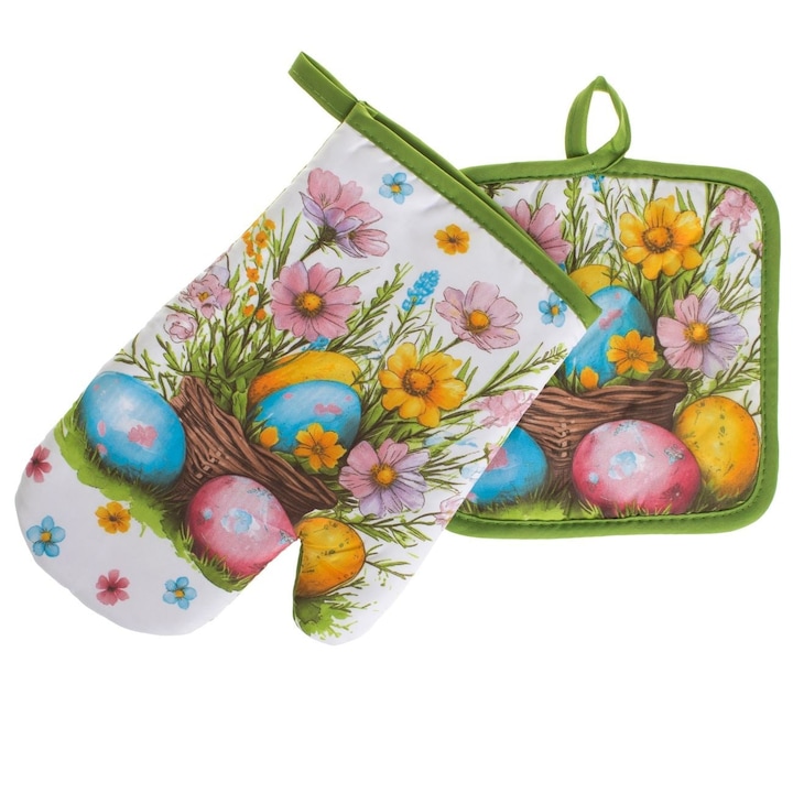 Kesztyű és Konyhai Törlőkendő Szett Tészta Kosár Tojással 2 db Pamut Virágmintás Többszínű Zöld