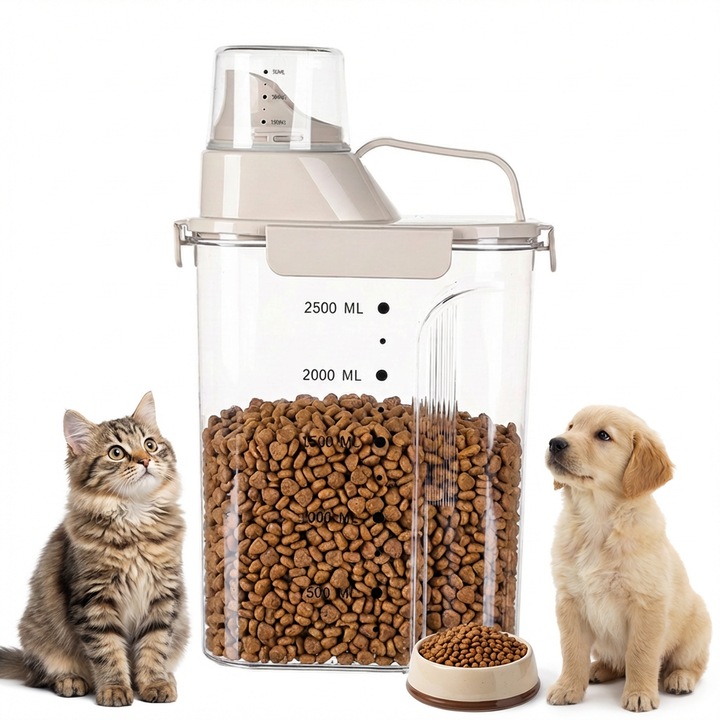 Dozator Hrana Animale 3L, Recipient Etans 360° Anti-Umiditate, Cana de Masura 150ml pentru Hranire Stiintifica, Maner Antiderapant, Material PP+PS Alimentar, Alb/Transparent