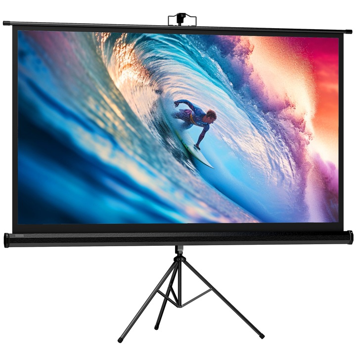 HOMCOM Ecran de proiectie pliabil de 84" format 16:9 cu trepied ajustabil, 200x8x118 cm, negru