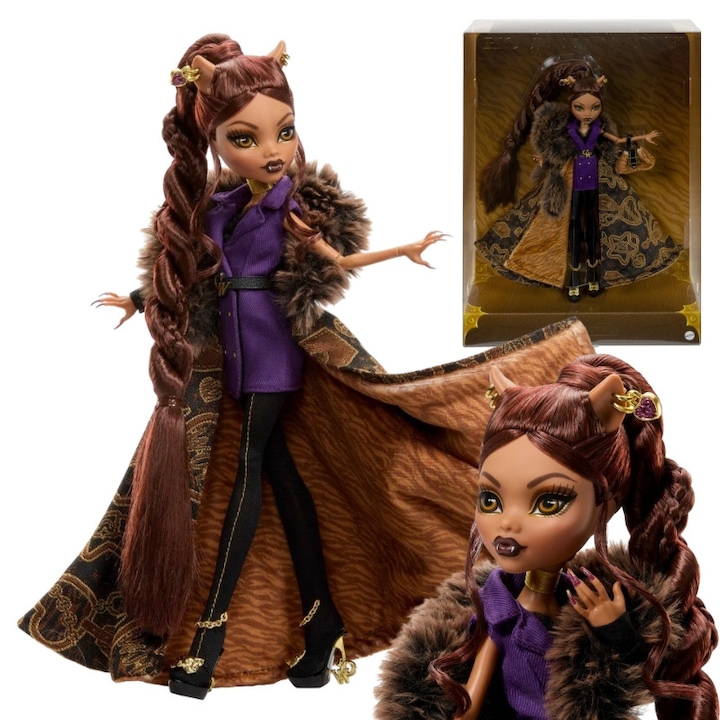 Комплект колекционерска кукла, Mattel, Clawdeen Wolf, пластмасов материал, свалящи се дрехи, модни аксесоари, без батерии, 30.5 x 10.5 x 30 см, брюнетка