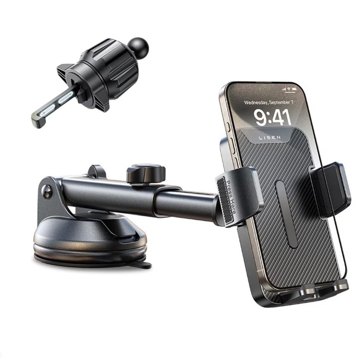 Lisen autós tartó, univerzális, teleszkópos kar, állítható, fekete