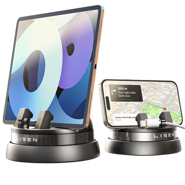 Lisen autós tartó műszerfalra, 360 fokban forgatható, csúszásgátló, fekete