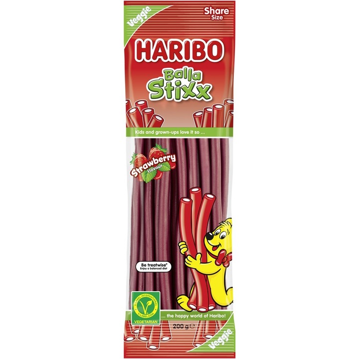 Jeleuri Haribo Balla Stixx Capsuni, 240g, vegetarian, fara coloranti artificiali