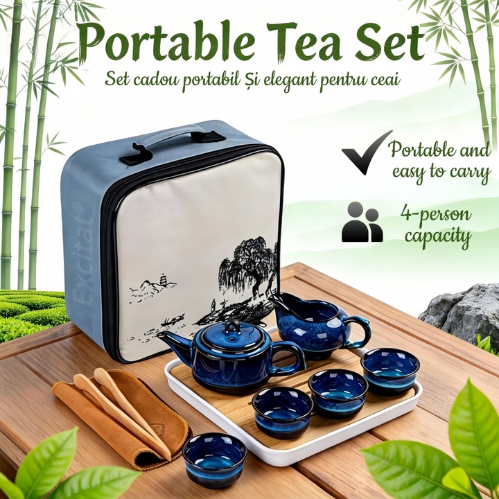 Set de Traditional din Ceramica Premium, Excitat®, Include patru cesti, un ceainic, o husa de transport si alte accesorii, Design Elegant, Durabil si Usor de Curatat, Ideal pentru prepararea ceaiului verde, ceaiului negru si altele, fiind cadoul Perfect