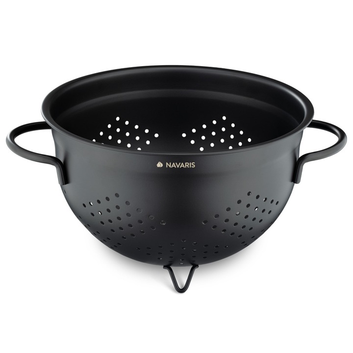 Navaris szűrő, 24 cm, 4.8 L, nagy lyukak, stabil alap, konyhába, fekete, rozsdamentes acél