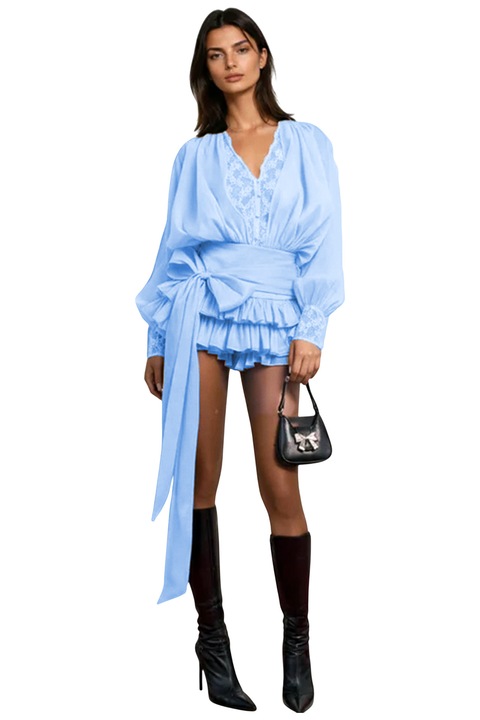 Salopeta FashionForYou, cu fusta scurta, model ECLIPSE, volane, funda si dantela, Baby Blue, Marime universala S/M