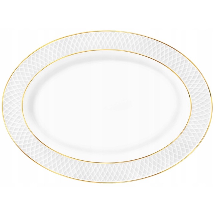 Farfurie portelan oval, alb, margine aurie, platou pentru gustari si feluri de mancare, 20×14 cm Diamond, WILMAX
