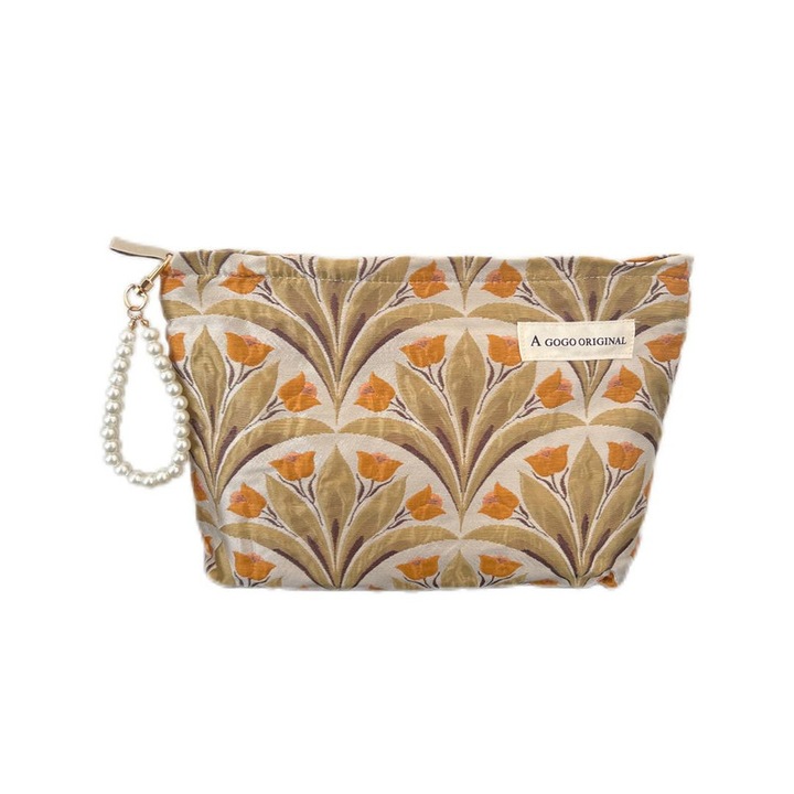 Hordozható Kozmetikai Táska Virágmintával, Vékony (88g), Gyöngylánccal és Arany Cipzárral - Könnyű Sminkrendszerező, Utazáshoz, Elegáns Ajándék Nőknek