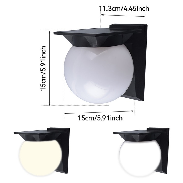 Lampa Solară LED Sferică, 3 Culori, IP65, cu Telecomandă, 15x15x11.3cm