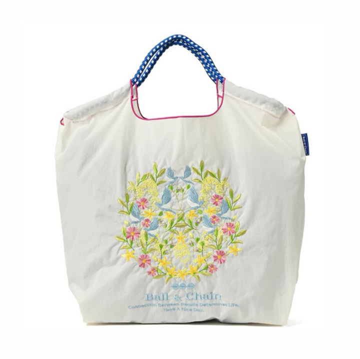 Geantă Tote din Nylon, Capacitate Mare, Broderie Florală Colorată, 40x40cm, Multicolor