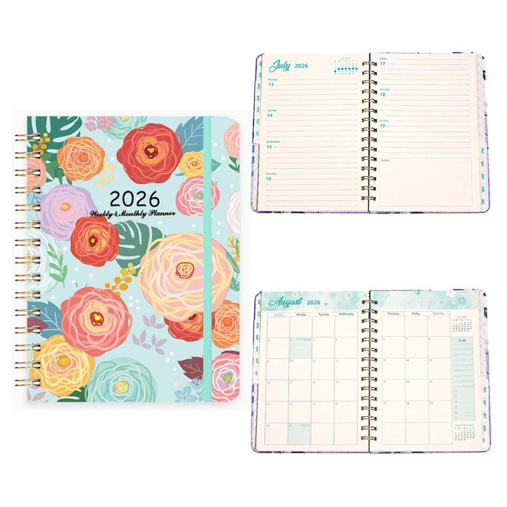 Дневен ред Седмичен и Месечен Плановик 2026, със Златна Метална Връзка 360°, Еластична Лента и Устойчиво Покритие – За Училище, Офис и Лична Организация