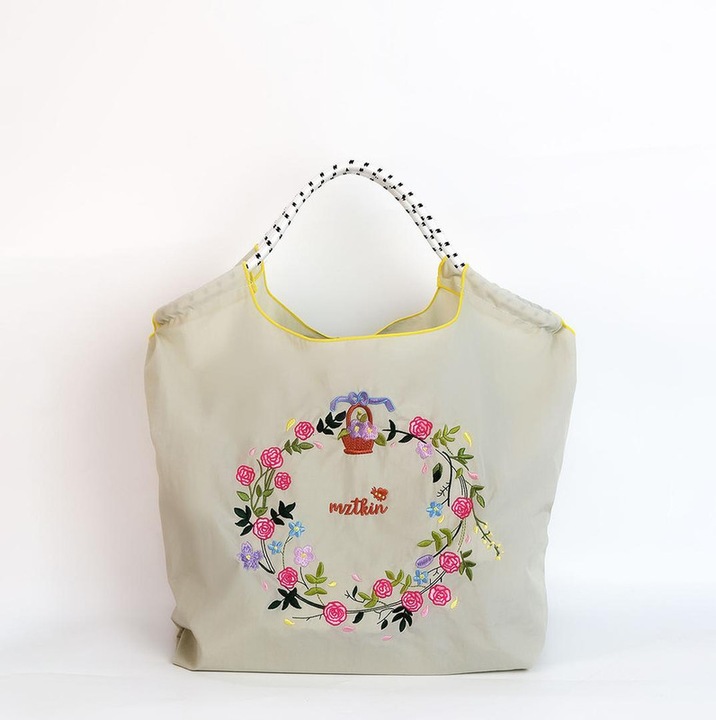 Geantă Tote Gri-deschis cu Broderie Cos Trandafiri, Curea Împletită, crem/multicolor, 30x40cm