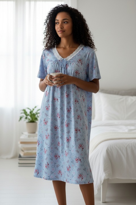 Camasa de noapte cu maneca scurta, StarFashion, Albastru deschis, One Size