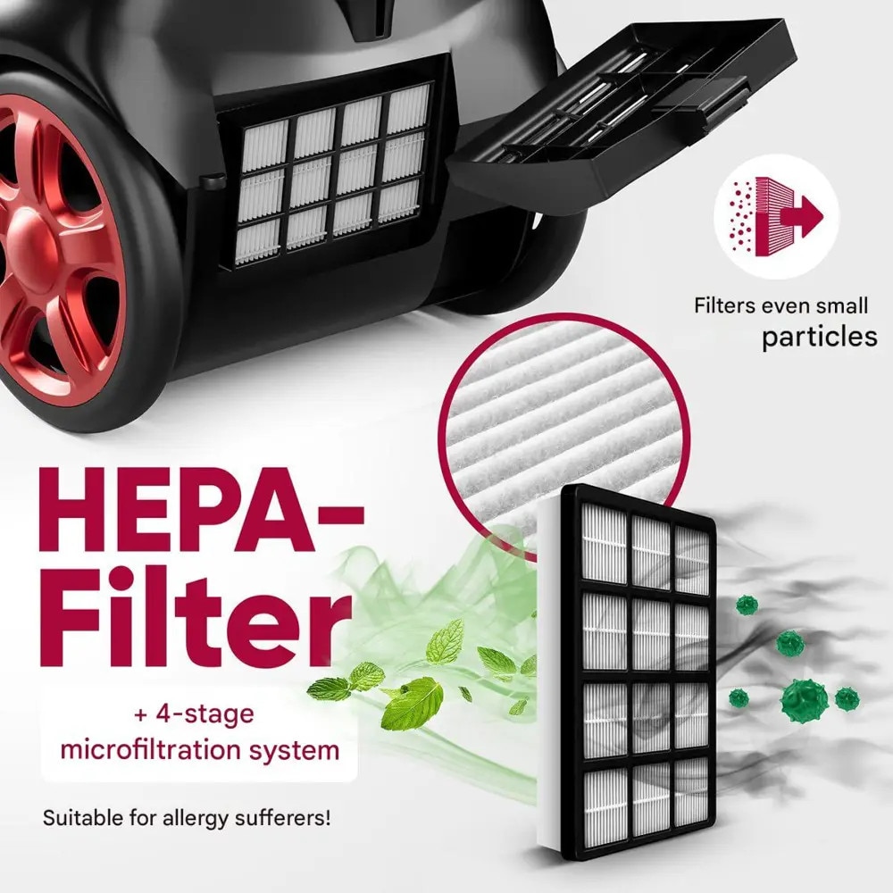 Aspirator cu sac, ProfiCare, 4.5 litri, filtru HEPA, tub telescopic inox, negru/roșu, 35x45x25cm, 700 W