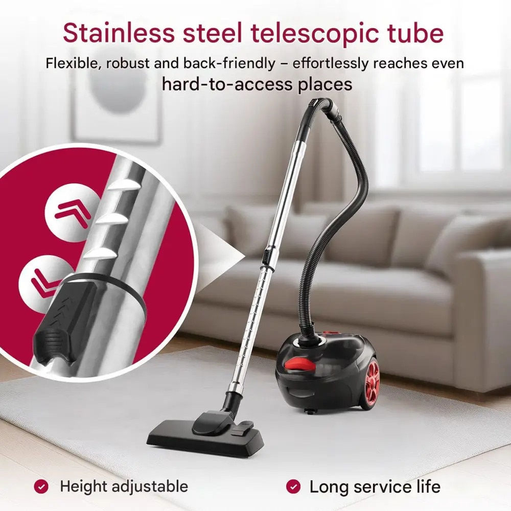 Aspirator cu sac, ProfiCare, 4.5 litri, filtru HEPA, tub telescopic inox, negru/roșu, 35x45x25cm, 700 W