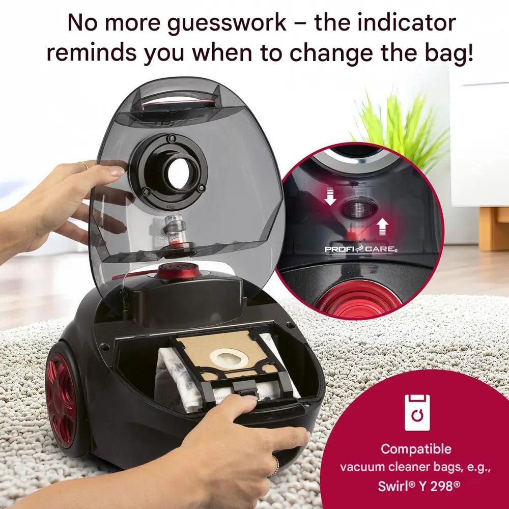 Aspirator cu sac, ProfiCare, 4.5 litri, filtru HEPA, tub telescopic inox, negru/roșu, 35x45x25cm, 700 W