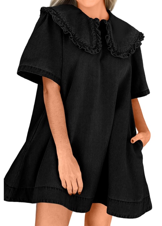 Дамска лятна дънкова мини рокля, овърсайз с яка Питър Пан, къси ръкави (10220), Черен