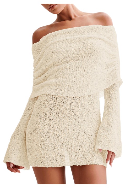 Rochii mini, femei acoperitoare de costum de baie, bretele de umar, maneci clopot lungi（10223）, Bej