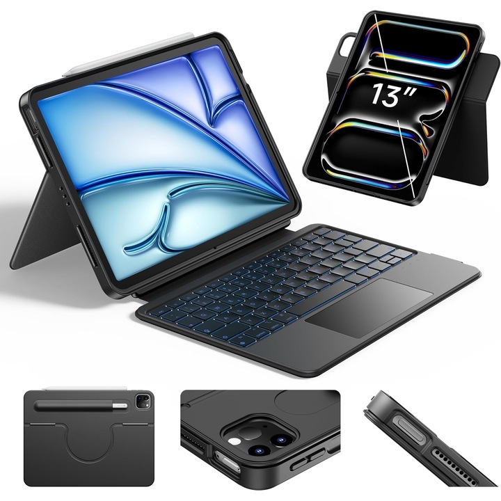 Husa cu tastatura pentru iPad Air 13 M3 M2 si Pro 12 9 HOU, trackpad 360, iluminare RGB, protectie completa