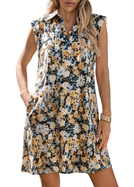 Летни рокли, Imily Bela, за жени, флорален модел, ежедневни, с яка, V-образно деколте, къси ръкави тип капачка, черни, Черен