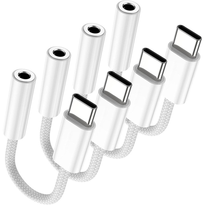 Set 4 Adaptor audio pentru telefon, USB Type C - Jack 3.5 mm, Easy Plug & Play, pentru casti sau auxiliar pentru masina, OUYLAF, Alb