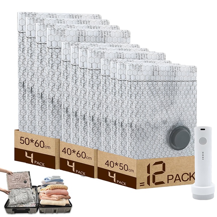 12 db vákuumzsák ruhákhoz pumpával, Bedee, 1500mAh