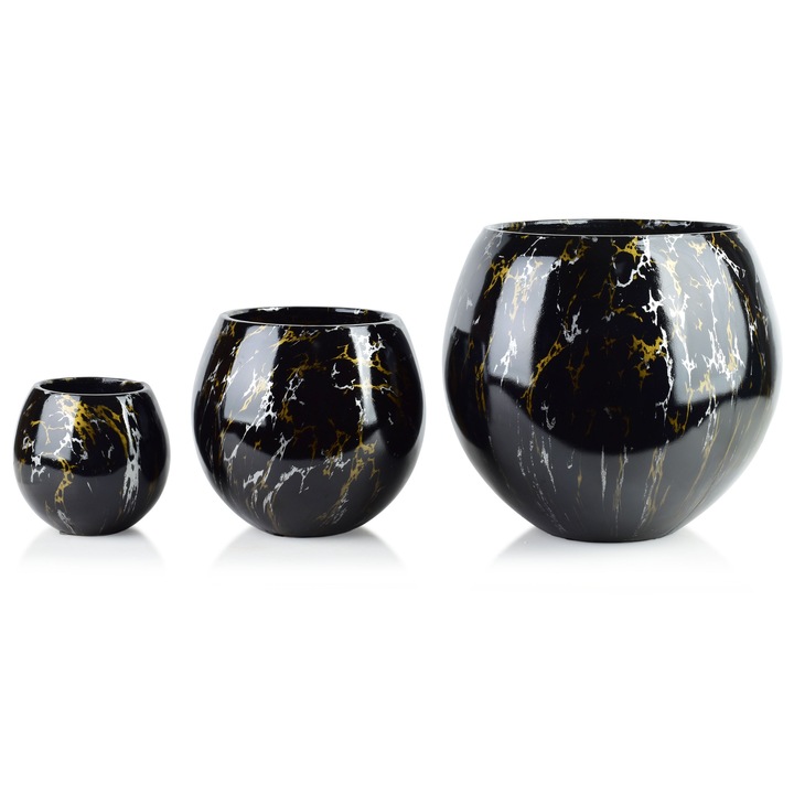 Set 3 ghivece ceramice NEVA MARBLE, 42,5x42,5x39cm, 28x28x27cm, 20x20x19cm, argintii