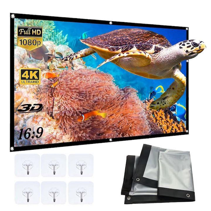 Ecran proiector, AKKEE, portabil, 16:9, 84 inci, Reflectivitate ridicata, Unghi de vizualizare de 160°, usor de instalat, pentru home theater, prezentari de afaceri, cursuri educationale, evenimente, pliat, fibra de inalta densitate, cu 6 carlige