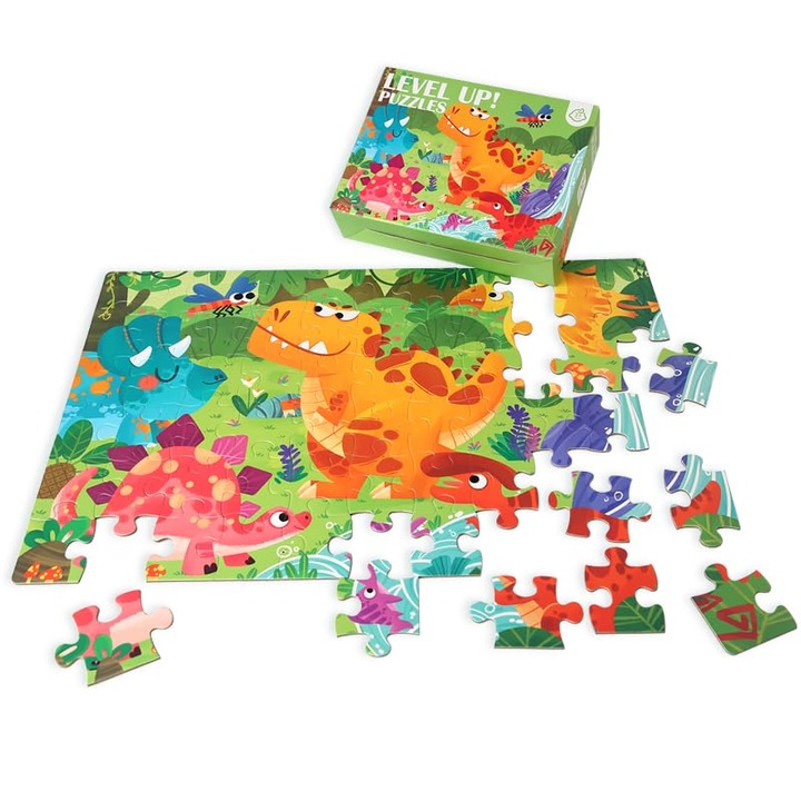 Dinoszaurusz puzzle, készlet, színes illusztrációk, zöld doboz fogantyúkkal, 3 év feletti gyermekeknek