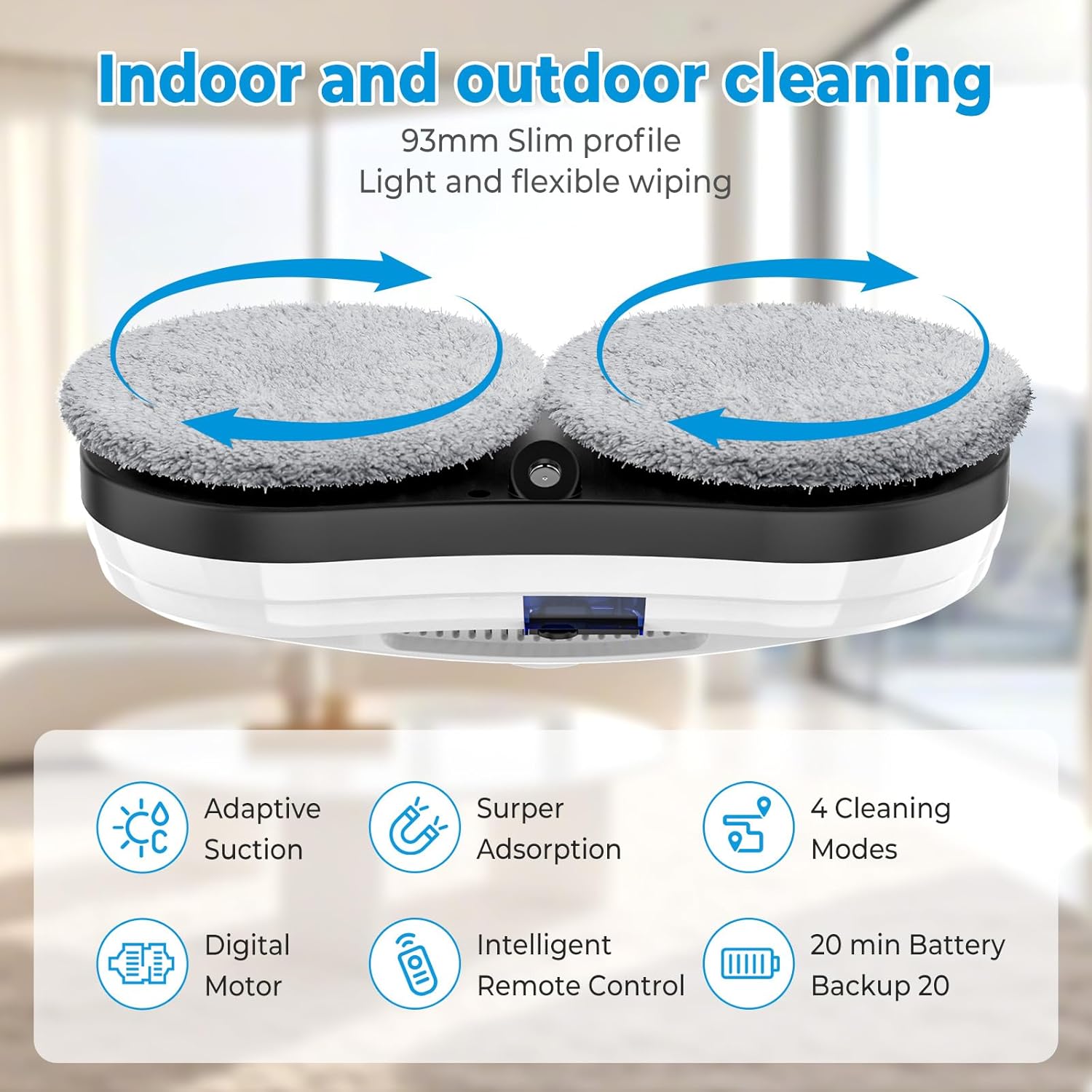 Robot curatare geamuri, Bedee, 5600 Pa, Intelligent route planning si Functie automata de pulverizare a apei, Vine cu 10 carpe de curatat, Potrivit pentru toate suprafetele/pardoselile/gresiile din sticla