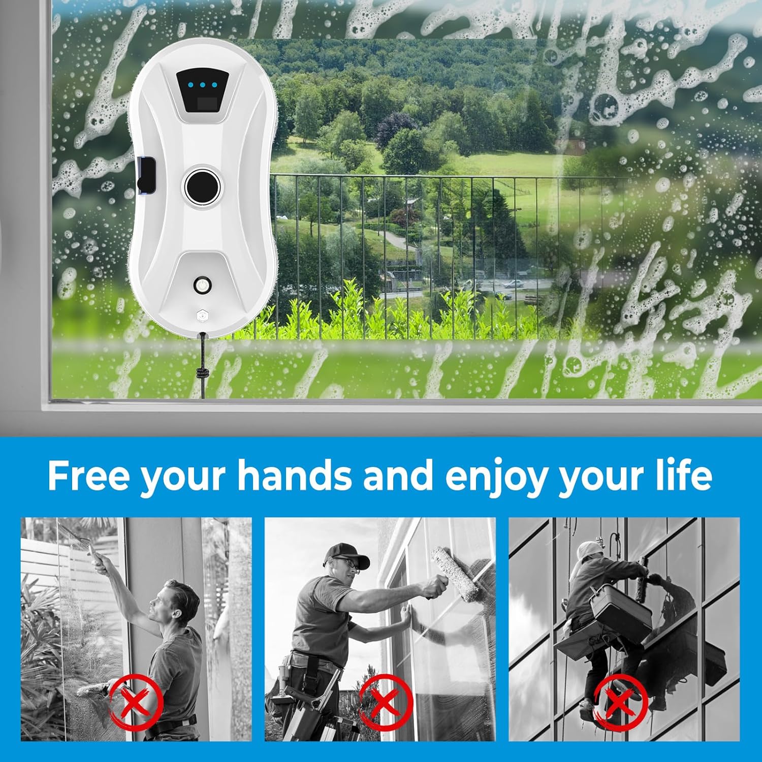 Robot curatare geamuri, Bedee, 5600 Pa, Intelligent route planning si Functie automata de pulverizare a apei, Vine cu 10 carpe de curatat, Potrivit pentru toate suprafetele/pardoselile/gresiile din sticla