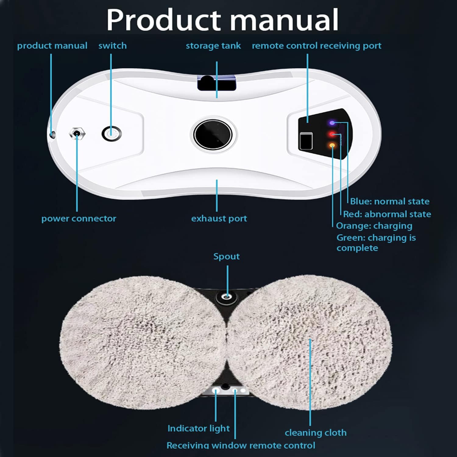 Robot curatare geamuri, Bedee, 5600 Pa, Intelligent route planning si Functie automata de pulverizare a apei, Vine cu 10 carpe de curatat, Potrivit pentru toate suprafetele/pardoselile/gresiile din sticla