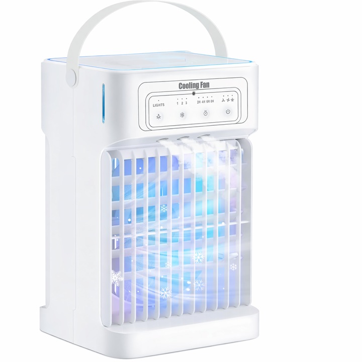 Aparat de aer condiționat portabil, Zyphoria, ventilator, 4-în-1, răcire cu apă, 1100 ml, 3 viteze, lumină LED, culoare albă