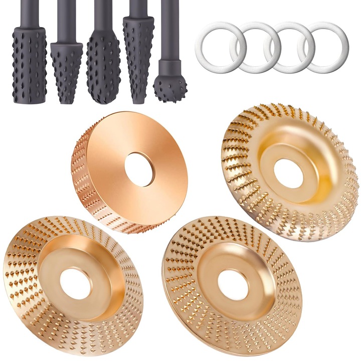 Set 4 discuri cu raspel pentru polizor unghiular, otel carbon, pentru sculptura, taiere, tesire si slefuire lemn, 5 pile rotative si 4 reductii, OUYLAF, Auriu