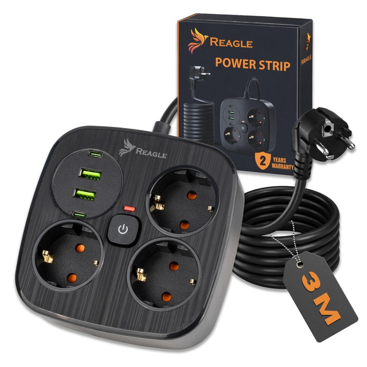 Reagle 3 az 1-ben Túlfeszültségvédős Hálózati Elosztó 3 Aljzat 2× USB 2× USB-C Gyors Töltés 3 méteres kábel
