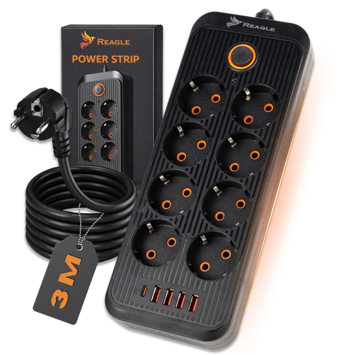 Разклонител Reagle RSTRIP81, 8 контакта 230V, 5 USB порта, 3м кабел, черен