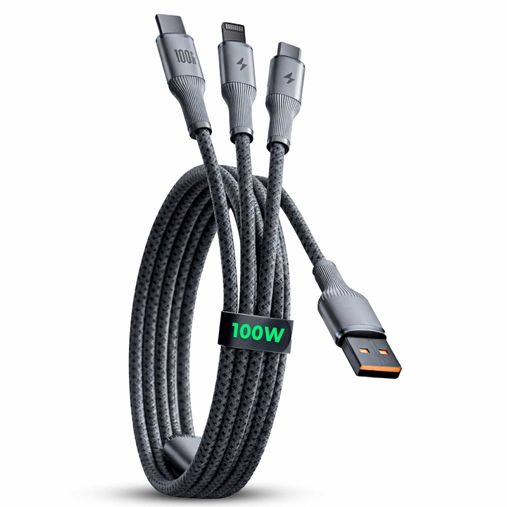 Cablu de Încărcare 3 in 1 Timebox, Fast Charge 100W, 1.5m, Negru, Type C, Lightning, Micro USB