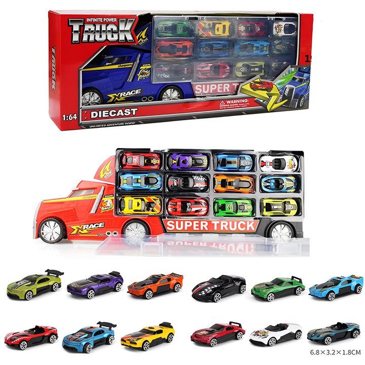 Camion pentru copii EmonaMall W5711, Cu pistă, 12 mașini metalice, Roșu