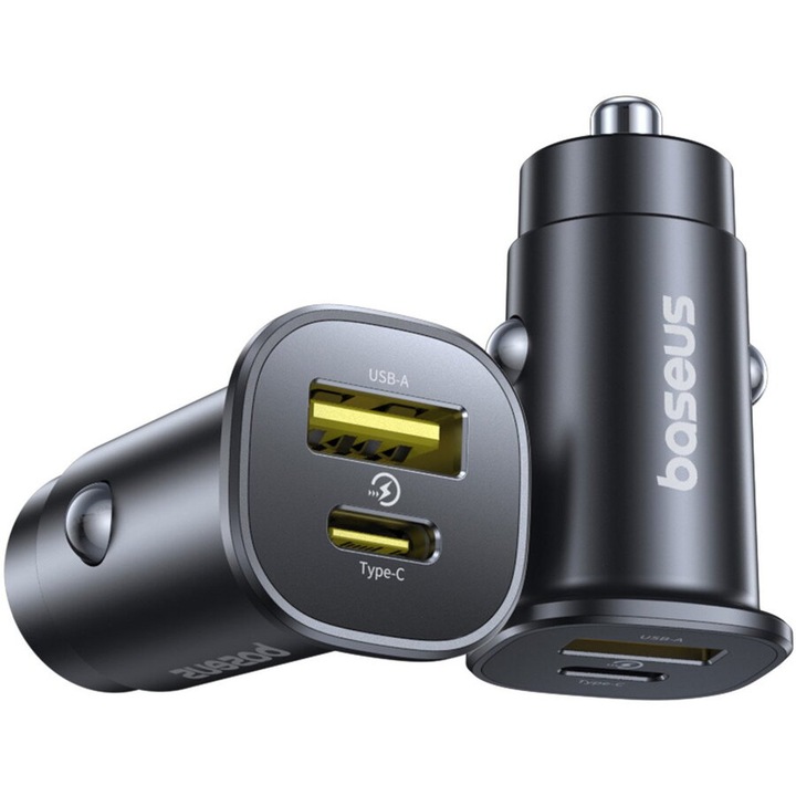 Încărcător auto Baseus, 30W, 3A, USB-A x USB-C, Negru