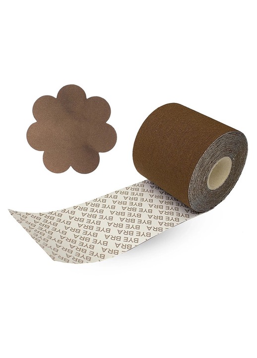 Bye Bra testragasztó szalag 6,5cmx5m, barna szatén védőbetétekkel