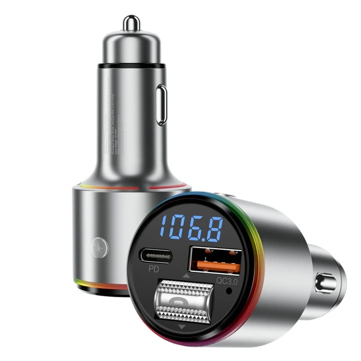 Modulator FM Auto, Proove, 30W, Fast Charge, Bluetooth 5.3, USB, Type-C, AUX, 12-24V, Argintiu
