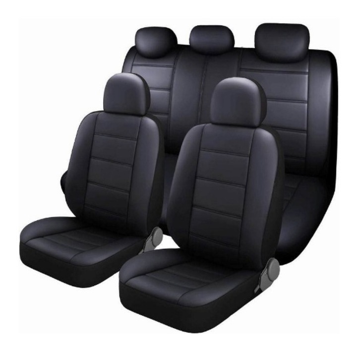 Huse scaune auto, Piele Ecologica si Insertii Piele Perforata, 11 piese, compatibile cu airbag, rabatabile, 3 straturi de material, negru