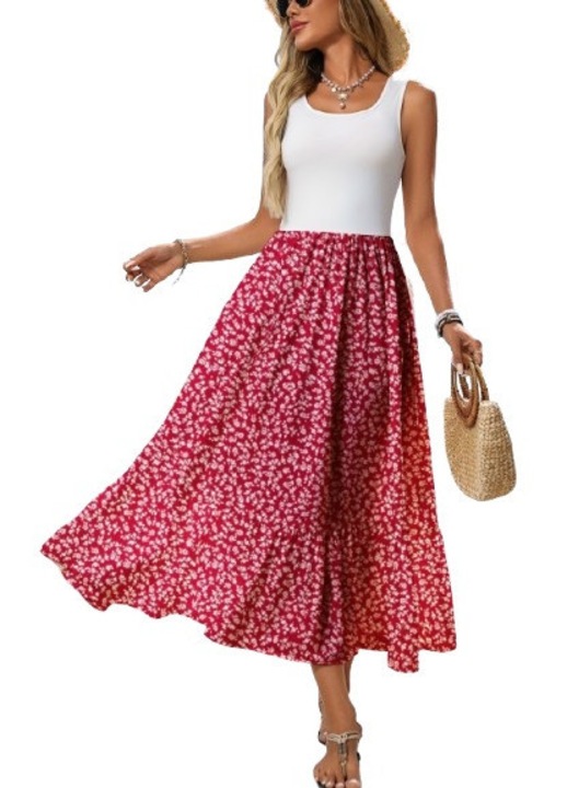 Rochie rosu floral fara maneci talieqfqwd, Rosu/Alb