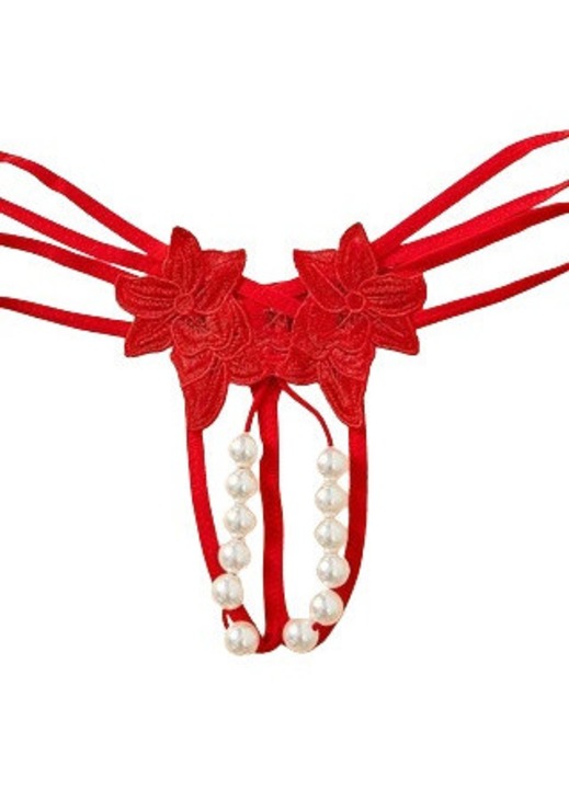 Női piros tanga bugyi, virágmintás csipke, gyöngyök, állítható, XL