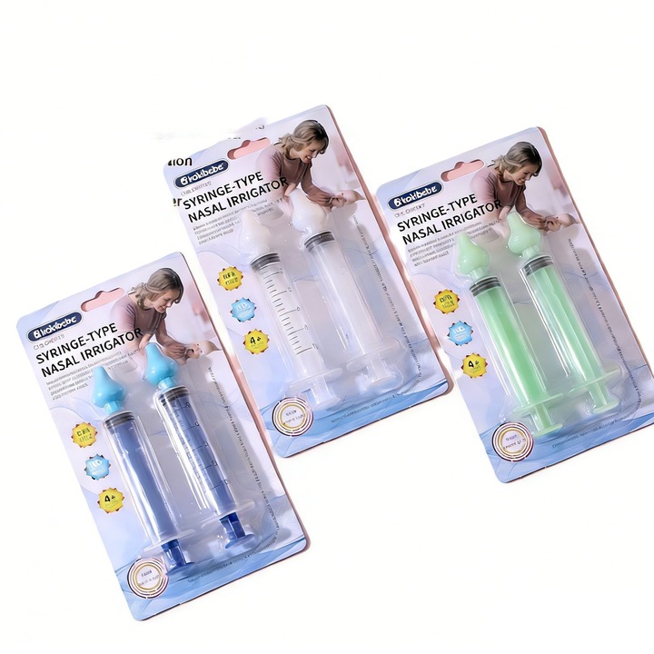 Set 6 piese irigator nazal pentru bebelusi, tip seringa cu cap silicon moale, design transparent cu gradatie, curatare adanca fara inec, presiune controlabila, sterilizabil, alb / albastru / verde