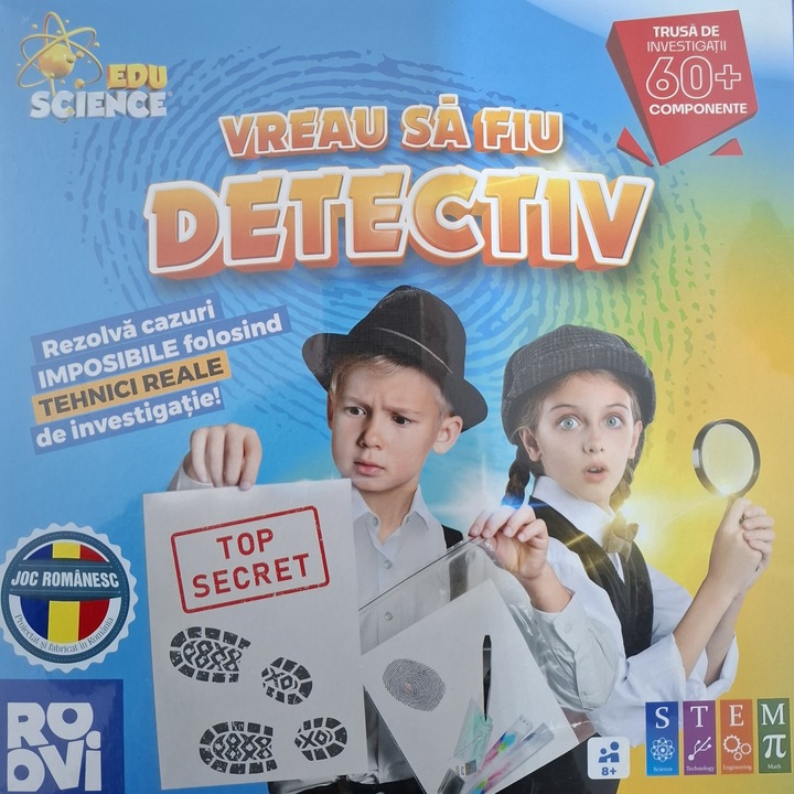 Joc educativ, ROOVI, Vreau să fiu detectiv, trusă de investigații, 60 componente, pentru copii 8+, carton