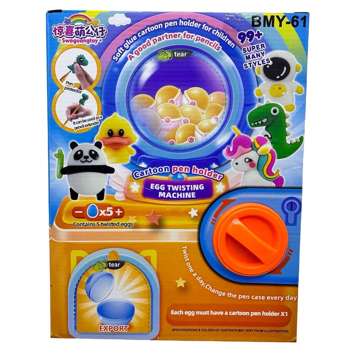 Set suport creion cu 5 figurine surpriză în ouă rotative, JPT, design colorat, plastic, 3 ani+