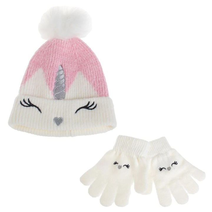 Set Caciulita Ecru Roz cu Unicorn Pompon & Manusi de Iarna pentru Copii 6 Ani - 2 piese