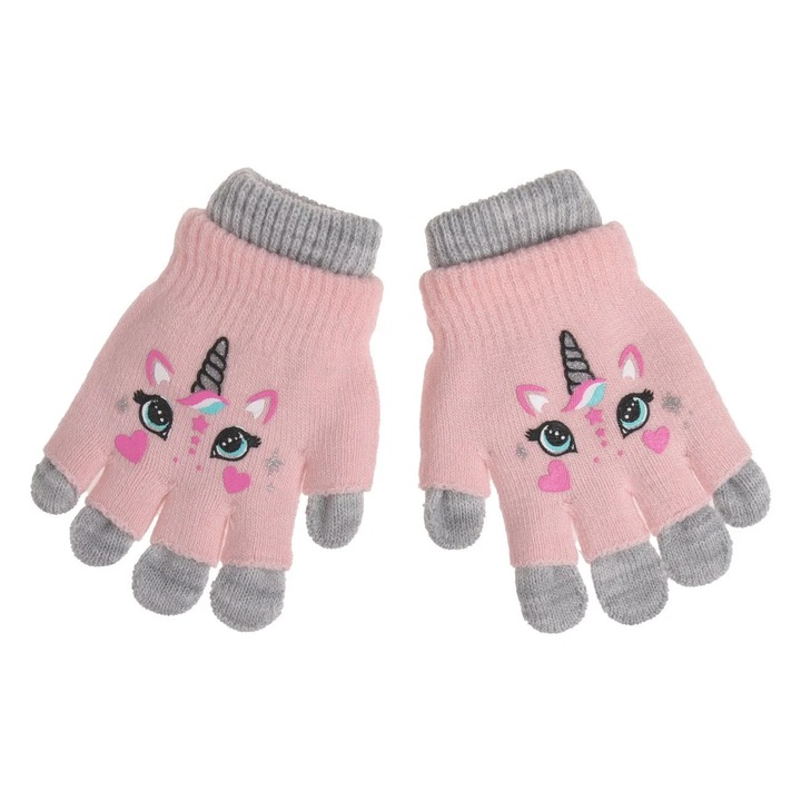 Manusi Duble Gri Roz cu Model Unicorn & Glitter pentru Copii 6-10 Ani - 1 pereche