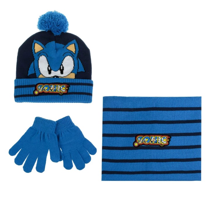 Set Caciula Manusi & Fular Albastre Pompon Model Sonic pentru Copii 8 Ani - 3 piese